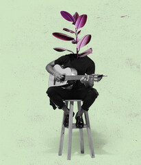 Contemporary art collage, modern design. Retro style. Young man, musician headed by blooming...