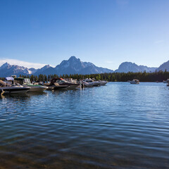 Fototapeta premium Jackson Lake Colter Bay Overlook in Grand Teton National Park during summer Wyoming. Ranger Peak and Mount Moran.