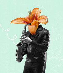 Contemporary art collage, modern design. Retro style. Young man, musician headed by blooming...