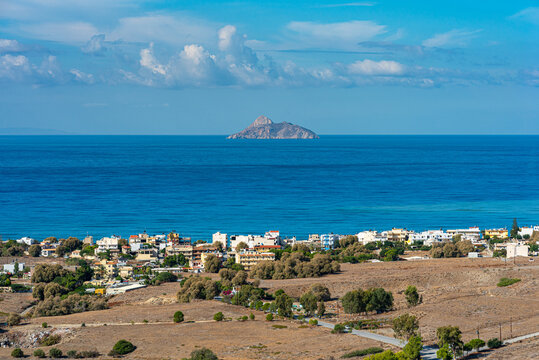 View down to the picturesque village Kalamaki at the south of Crete. The village, located at the end of Messara plain, is a popular tourist resort at the Libyan sea 