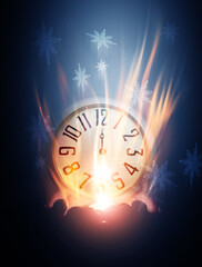 Naklejka na ściany i meble Women's hands are holding an antique clock. Midnight on an antique clock, blurred background. New Year's futuristic background, blurred light lines, bokeh, snowflakes
