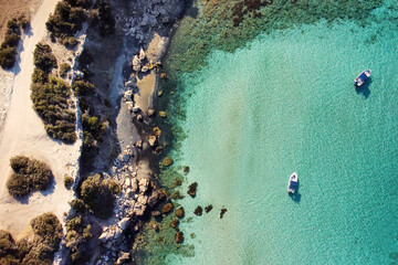 Aerial drone view of the rocky coast and the Mediterranean Sea near the scenic Aphrodite Trail in the Akamas Peninsula National Park, Cyprus.