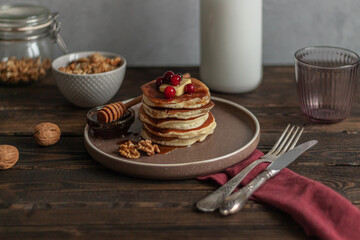 classic American Canadian breakfast pancakes with honey