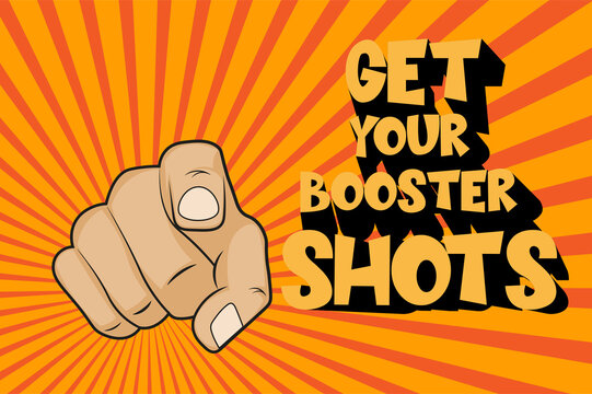 Get Your Booster shots vector / EPS comic illustration on a sunburst background
