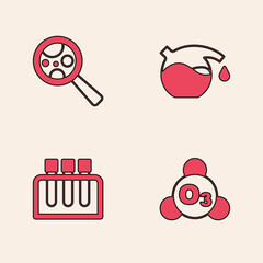 Set Ozone, Microorganisms under magnifier, Test tube and icon. Vector