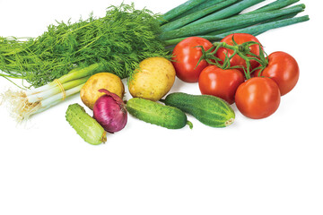 Beautiful view of ripe  tomatoes, cucumbers, potatoes, onions and dill isolated on background. Organic vegetables concept. Sweden.