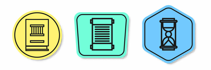 Set line Law book, Decree, paper, parchment, scroll and Old hourglass with sand. Colored shapes. Vector