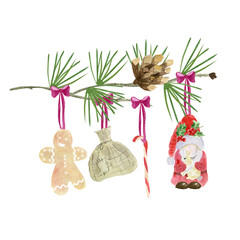 Gingerbread man, gift bag, staff, gnome with holly branch and rabbit. Christmas, New Year, botanical watercolor illustration.