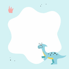 Cute hand drawn dinosaur with frame. Template for text or photo. Suitable for party, kindergarten, preschool. Vector illustration.