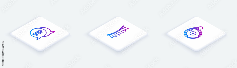 Poster set isometric line vip in speech bubble, carnival garland with flags and vinyl player disk. white sq