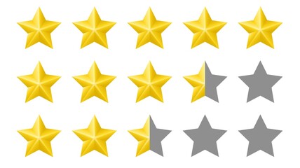 Star review rating vector icons. Collection of stars for different levels ratings. Website product review stars. Rating Stars. Five stars customer product rating.