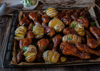 chicken drumsticks with cheesy hasselback potatoes