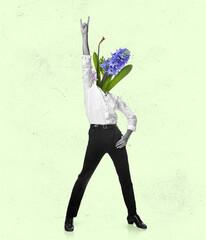 Contemporary art collage, modern design. Retro style. Young man, dancer headed with flowers and...