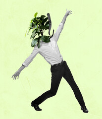 Contemporary art collage, modern design. Retro style. Young man, dancer headed with flowers and plants on light background.