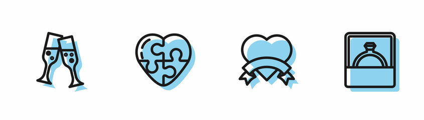 Set line Heart, Glass of champagne, and Diamond engagement ring icon. Vector