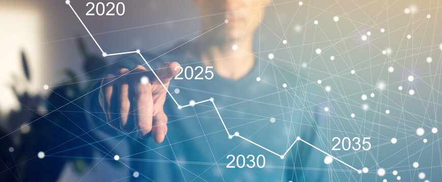 Finger pressing blue start 2023 button on virtual interface on gray background with copy space for text. Concept of new year. Businessman pressing 2023 start up business. Beginning of New Year 2023