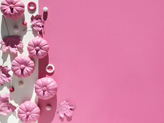Pink fuchsia paper background with Autumn decor. Monochromatic look with pink pumpkins and female...