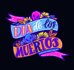Day of the dead vector illustration set. Hand sketched lettering 'Dia de los Muertos' for postcard or celebration design. Flowers and herbs with hand drawn typography poster.