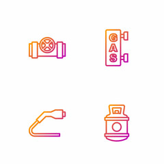 Set line Propane gas tank, Electrical cable plug charging, Metallic pipes and valve and Gas filling station. Gradient color icons. Vector