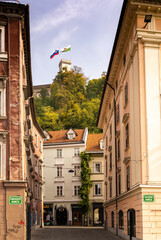 view of the historic city center of Ljubljana with the Lubljana Castle and flags in the background