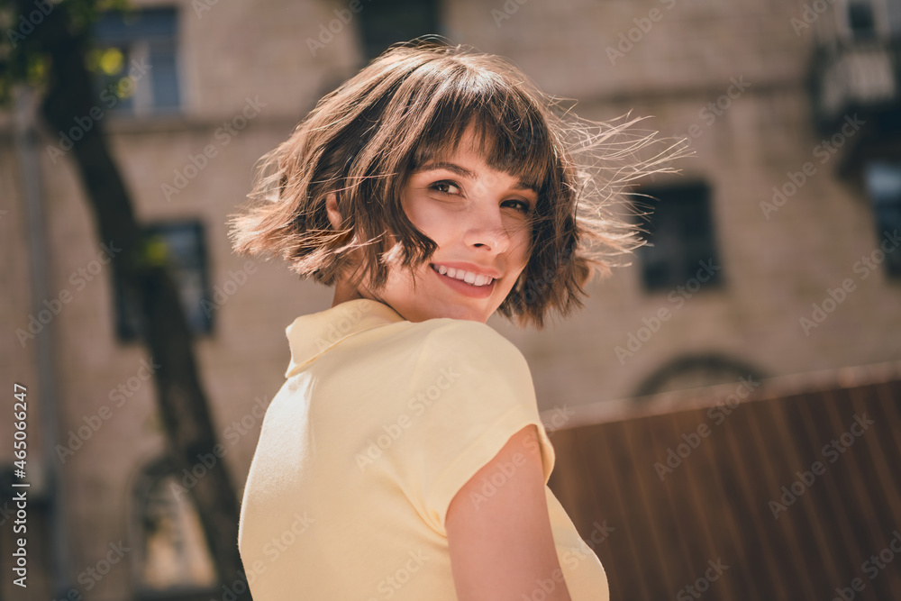 Sticker Profile photo of sweet young brunette lady wear yellow polo outside in city