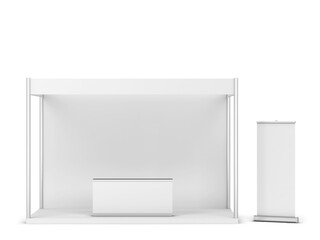 Blank tradeshow booth with counter and rollup banner