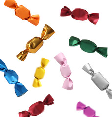 Tasty candies in colorful wrappers falling on white background