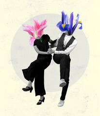 Contemporary art collage, modern design. Retro style. Couple of dancers headed with flowers and plants on light background.