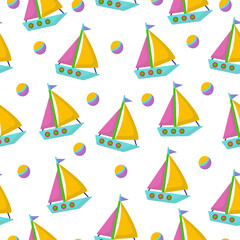 Seamless pattern with toys for children. Illustration, a toy sailboat on a white background.