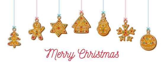 Naklejka premium Hanging Christmas cookies in cartoon style. Sweet biscuits in shape of gingerbread man and house, Christmas tree toy and snowman, star and snowflake isolated on white background. Vector illustration