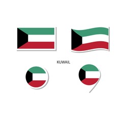 Kuwait flag logo icon set, rectangle flat icons, circular shape, marker with flags.
