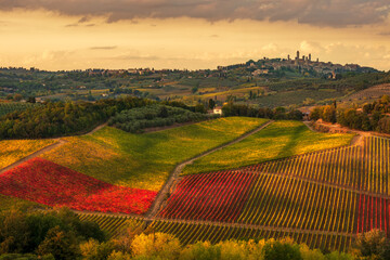 the towers of San Gimignano from the countryside in autumn - obrazy, fototapety, plakaty