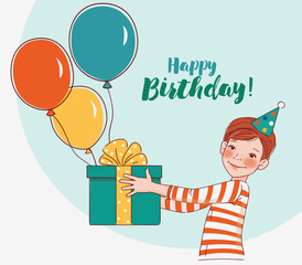 Cute boy with present. Happy Birthday vector illustration