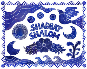 Shabbat shalom challah cover with birds, flower, stars, sun, plants, moon, water, and decorative border - obrazy, fototapety, plakaty