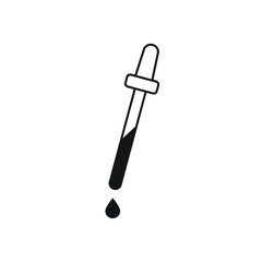 The contour of a pipette with a dark liquid and a drop falling downward. Vector illustration, flat cartoon black minimal design isolated on white background, eps 10.