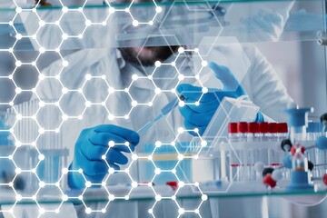 Composition of scientists with test tubes working in laboratory and chemical compounds