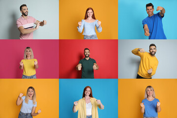 People pretending to drive car on different color backgrounds, collage