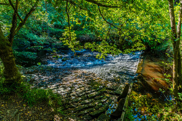 A view across a weir on Hebden Beck on the outskirts of Hebden Bridge, Yorkshire, UK in summertime