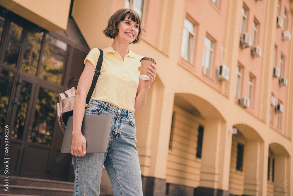 Sticker Photo of dreamy charming attractive young woman hold hands laptop coffee look outside outdoors city town