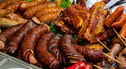 Grilled sausages in the streets of the historic center. street food