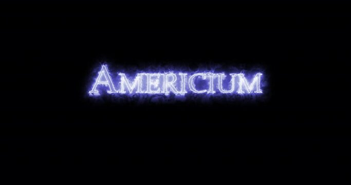Americium, chemical element, written with fire. Loop