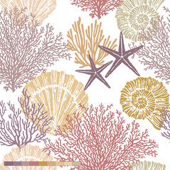 Marine vector hand drawn pattern with sea shells, stars, mollusk and coral. Perfect for textiles, wallpaper and prints.