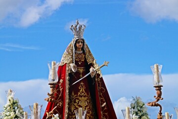 Escultura en madera de Santa Catalina sacada en procesión en el pueblo de El Granado, Huelva,...