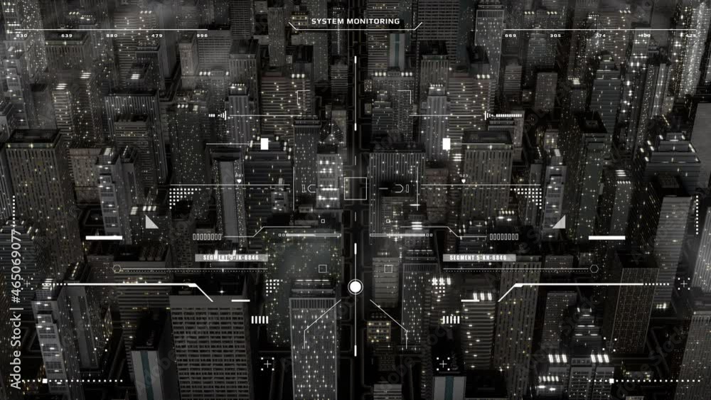 Poster HUD Futuristic Monitoring System Aerial View Screen. Night Scene 3D Skyscraper Rendering Moving Straight Down 4K Motion Background.
