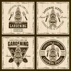 Gardening, landscaping and lawn care set of vector brown vintage emblems, badges, labels or logos with gnome statuette on background with removable grunge textures on separate layers
