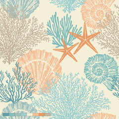Marine vector hand drawn pattern with sea shells, stars, mollusk and coral. Perfect for textiles, wallpaper and prints.
