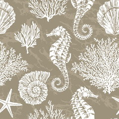 Marine vector hand drawn pattern with sea shells, stars, seahorse and coral. Highly detailed. Perfect for textiles, wallpaper and prints. © Regina Bilan