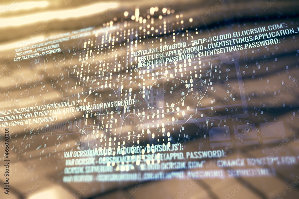 Poster abstract virtual code skull hologram on abstract metal background, cybercrime and hacking concept. m