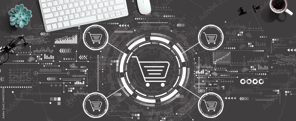 Poster online shopping theme with a computer keyboard and a mouse