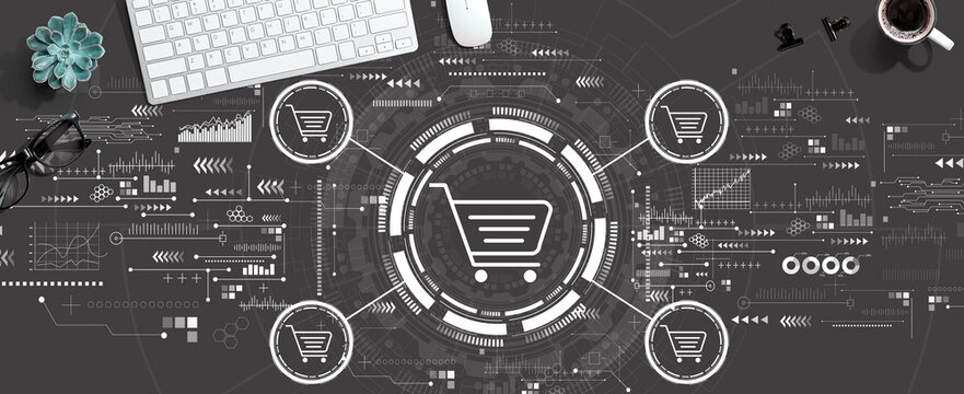 Online shopping theme with a computer keyboard and a mouse